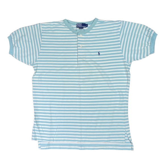 Vintage 90s Polo Ralph Lauren Aqua Cream Embroidered Henley T  Shirt Mens Medium - Picture 2 of 6
